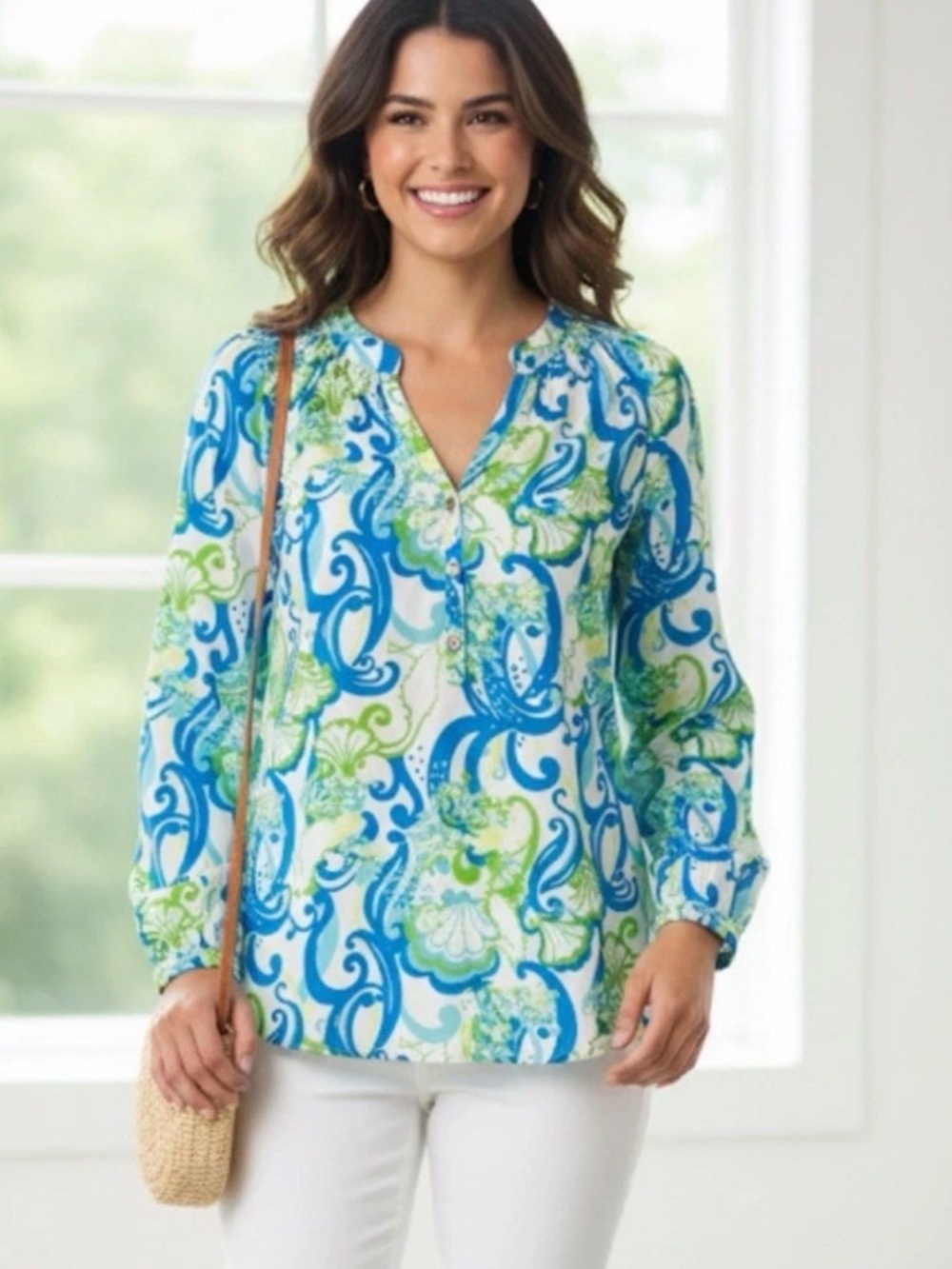 Lily Pulitzer Blue & Green Paisley-Print Long-Sleeve Blouse